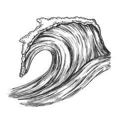 Poster - Rushing Tropical Ocean Marine Wave Storm Vector. Foamy Water Marine Surge Dangerous Seascape Element Clean Breach. Motion Nature Aquatic Tsunami Black And White Hand Drawn Cartoon Illustration