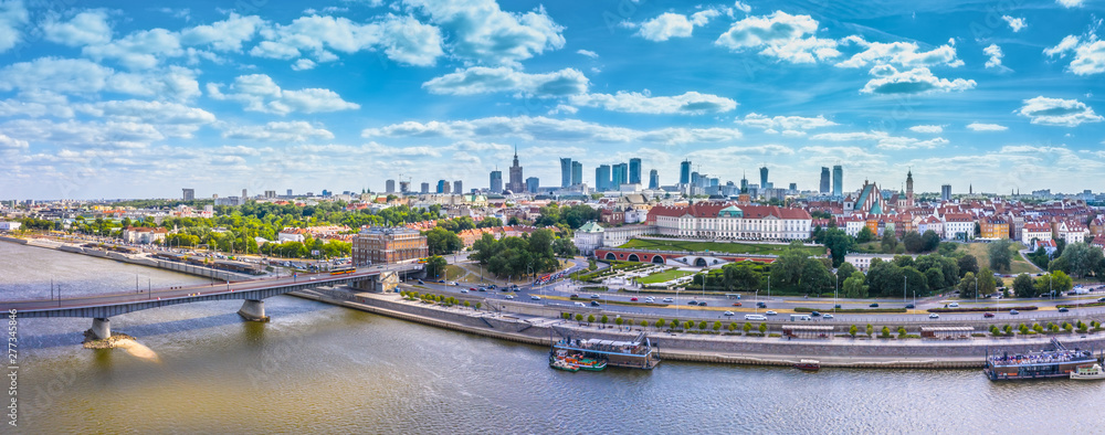 City skyline background. Aerial view of Warsaw capital city of Poland. From above, city view with night sky. Panorama of Warsaw cityscape. Europe. Aerial view - obrazy, fototapety, plakaty 