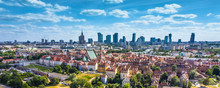 Aerial Panorama Of Warsaw, Poland  Over The Vistual River And City Center In A Distance