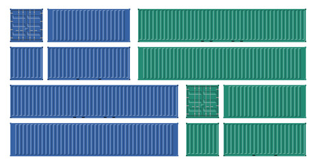 Cargo containers vector mockup on white background with side, front, back and top view. All elements in the groups on separate layers for easy editing and recolor