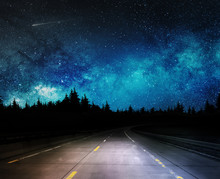 Dark Night Road Through Forest And Starry Sky