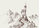 A castle in the rocky mountains hand drawing