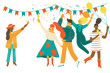 People celebrating party concept. Funny cartoon characters having fun with cocktails and confetti. Happy men and women congratulates with birthday, holiday, anniversary, festival.