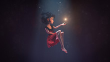 3d Illustration Of An Asian Girl Sitting In The Air In Deep Space With Stars. Young Cartoon Woman Floating In The Air. Girl In The Dark Extends Hand To The Shining Star. Space Art. Deep Dream Concept.
