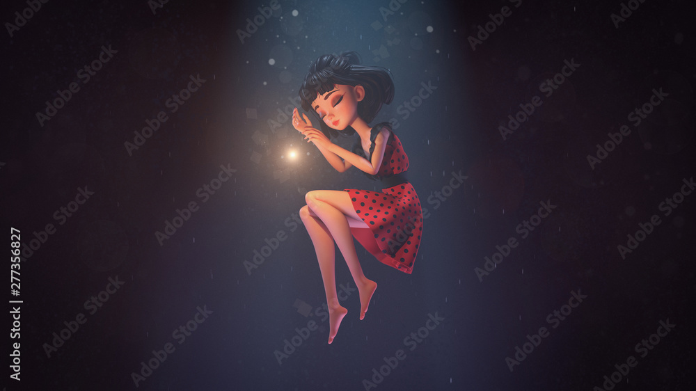 3d illustration of an asian girl sleeping in the air in deep space with stars. Young cartoon woman floating in the air. Girl sleeping in the dark near a shining star. Space art. Deep dream concept. - obrazy, fototapety, plakaty 