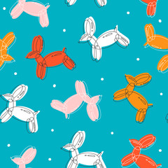 Wall Mural - Doodle balloon dogs. Different colors. Hand drawn colorful vector seamless pattern. Trendy illustration. Flat design. Cartoon style. Blue background