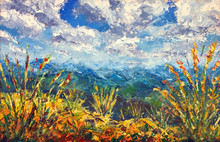 Impressionism Oil Painting Landscape Paint Art Beautiful Mountains, Blue Sky And Clouds Over The Mountains