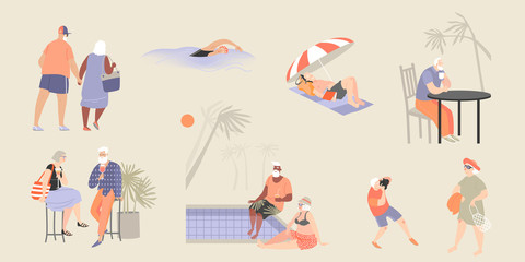 Old people relax by the pool, in a cafe and on the beach, enjoy socializing and walking