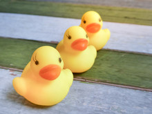 Rubber Yellow Ducks Toy On Wooden Table Background, Selective Focus With Place Your Text