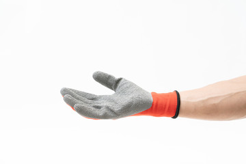 Man hand with anti slip gloves on white background