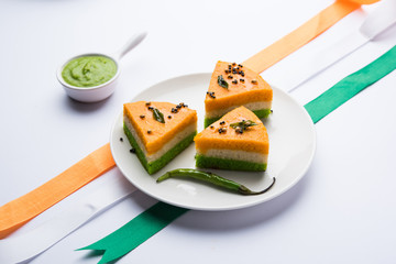 Canvas Print - Tri-coloured / tiranga  khaman Dhokla for Independence/republic Day celebration using Indian Flag colours