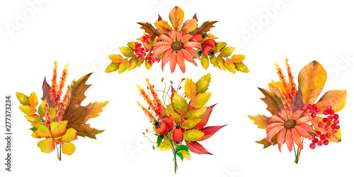 A set of arrangements and bouquets of autumn leaves for invitations, cards, c...