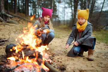 Wall Mural - two cute young girls sitting by a bonfire on cold autumn day. children having fun at camp fire. camp
