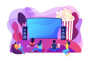 Poster - Movie night with friends. Watching film on big screen with sound system. Open air cinema, outdoor movie theater, backyard theater gear concept. Bright vibrant violet vector isolated illustration