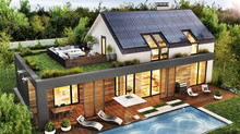 Beautiful House With Roof Terrace And Solar Panels. Exterior And Interior Design Of A Luxury Home With A Swimming Pool. 