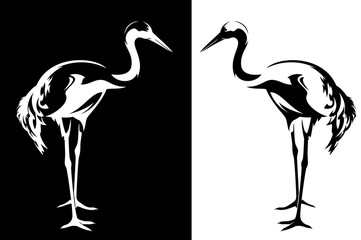 standing japanese crane bird - black and white animal elegant vector outline