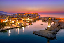 Rethymno City At Crete Island In Greece. The Old Venetian Harbor.