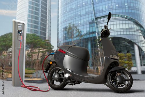 Fotomural Electric scooter for sharing with charging station on a city street