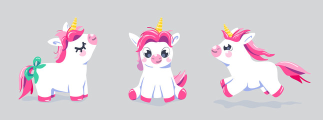 Cute unicorn vector set background. Baby fairy animal pony illustration in cartoon style for girl kid print. Character isolated design