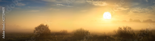 summer landscape panorama with sunrise and fog