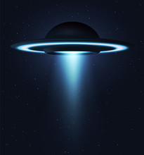 Unidentified Flying Object. UFO Flying On The Horizon Night Sky. Futuristic Ufo On Space Stars Background.