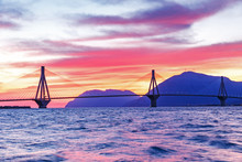 Greece. Charming Sunset View Of Bridge In Patras City Between Rion-Antirion.