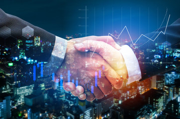 Wall Mural - business man handshake with graph chart of stock market investment trading for Forex trading and night cityscape background, digital technology, internet communication, teamwork, partnership concept
