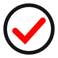 Red tick icon vector symbol, checkmark isolated on white background, checked icon or correct choice sign, check mark or checkbox pictogram