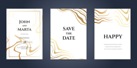 Wall Mural - Geometric wedding invitation. Golden polygonal lines frames on the marble texture. Trendy templates for banner, flyer, poster, greeting. eps10