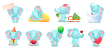 Set Of Cute And Funny Kid Blue Elephant Character