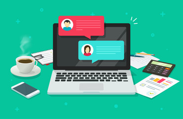 chat messages on computer online vector illustration, flat cartoon workspace or working desk laptop 