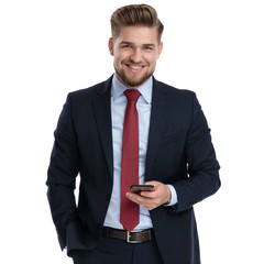 Poster - Young businessman holding his phone