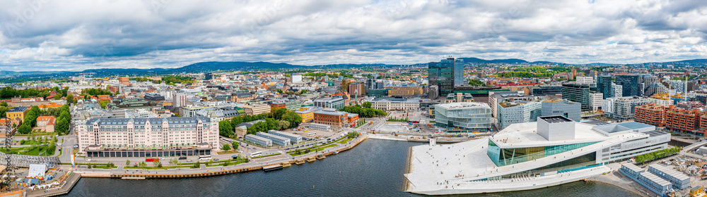 Aerial panoramic view of the Opera House and new business quarter. Oslo, Norway. - obrazy, fototapety, plakaty 