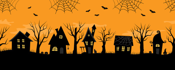 Halloween houses. Spooky village. Seamless border. Black silhouettes of houses and trees on an orange background. There are also bats, ghosts, pumpkins and a cat in the picture. Vector illustration