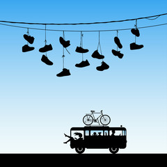 Poster - cartoon retro car. vector illustration with silhouettes of parents with children traveling in camper
