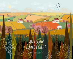 Wall Mural - Vector illustration of a rural autumn landscape or farm with houses, pets, trees and grass. Freehand drawing of a sunny summer day in the village.