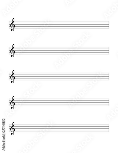 Empty sheet of notes template for beginners. Five-line staff with