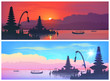 Set of vector travel banners with balinese landscapes of traditional Bali temple silhouettes and fisherman boats on sunset and sunrise sky background