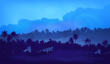 Blue Evening Light Cloudy Sky With Palm Trees Tropical Forest Silhouettes In Fog, Vector Illustration Banner Background