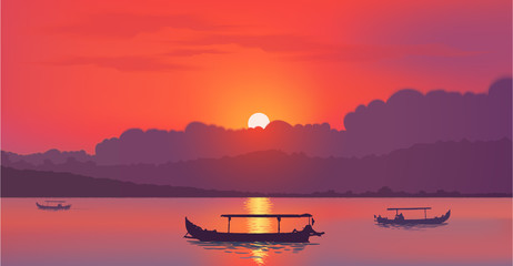 Wall Mural - Red Asian sunset with silhouette fisherman boats in water. Realistic vector illustration horizontal banner background