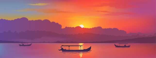 Wall Mural - Bright colors sunset sky with sun reflection in lake with traditional fisherman asian boats silhouettes, vector banner illustration