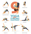 Infographic of 9 Yoga poses for strong hamstrings in flat design. Beauty woman is doing exercise for hip strength. Set of yoga postures female figures Infographic. Vector Illustration.