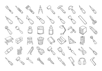 Poster - Set of Craft tool icons Drawing illustration Hand drawn doodle Sketch line vector eps10