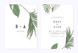 © momosama - Minimalist botanical wedding invitation card template design, green bamboo palm leaves and Syngonium podophyllum albo-variegatum plant on white