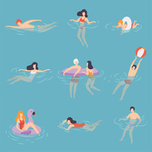 People Relaxing In The Sea, Ocean Or Swimming Pool At Vacation Set, Young Men, Women And Kids Swimming, Floating, Playing With Ball, Summer Outdoor Activities Vector Illustration