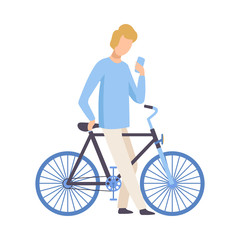 Canvas Print - Young Man in Casual Clothes Standing with Phone and Bicycle, Cycling Guy Exercising, Relaxing or Going to Work Vector Illustration