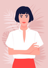 Portrait of a happy Asian girl with arms crossed. Woman in the office. Vector flat illustration