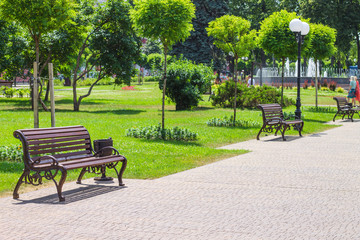 Landscape design of the city park with benches and a fountain. Decorating of city parks