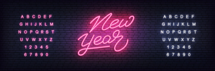 Wall Mural - New Year neon. Glowing neon lettering template for New Year 2020 celebration.