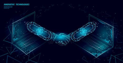 Wall Mural - blockchain technology 3d handshake. business finance agreement contract concept. success web network